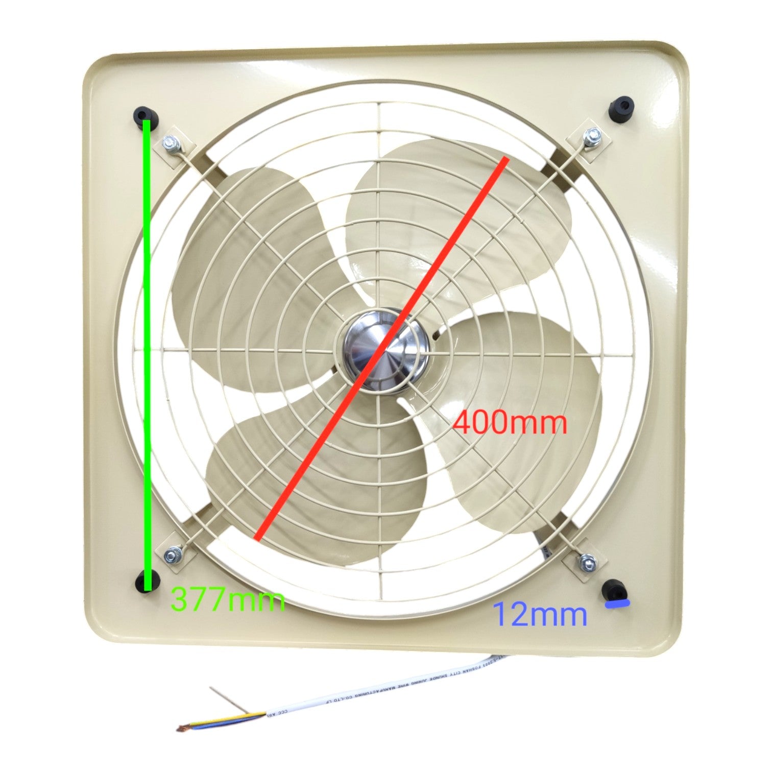 A square wall-mounted exhaust fan with a beige plastic housing and white fan blades behind a metal grille. Red, green, and blue measurement overlays indicate dimensions: 400mm across the fan, 377mm from the top-left mounting hole, and 12mm for the wire.