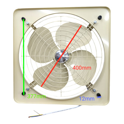 A square wall-mounted exhaust fan with a beige plastic housing and white fan blades behind a metal grille. Red, green, and blue measurement overlays indicate dimensions: 400mm across the fan, 377mm from the top-left mounting hole, and 12mm for the wire.