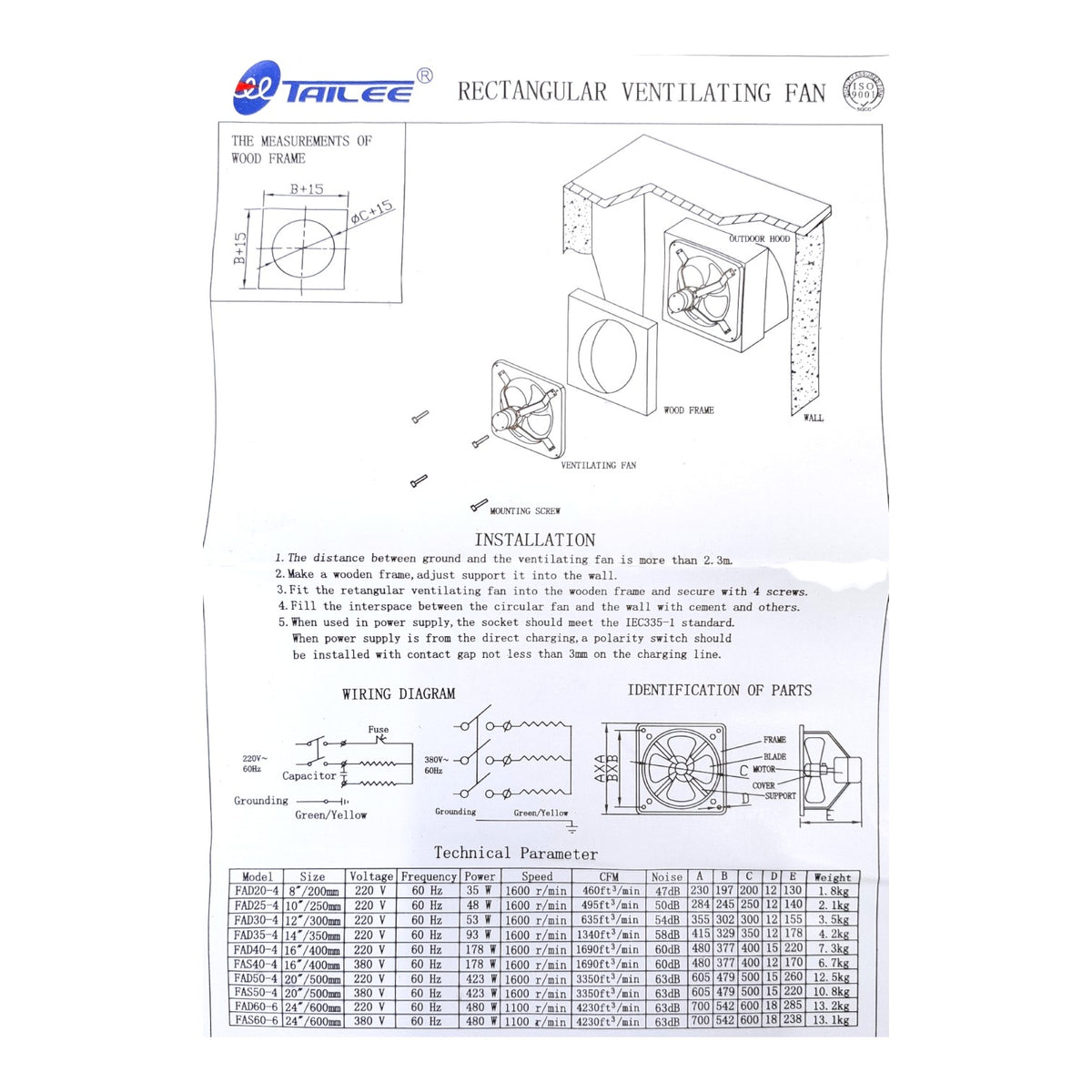 A technical specification sheet and wiring diagram for a rectangular ventilating fan by TaiLee, showing installation instructions, part identification, and a technical parameter table.