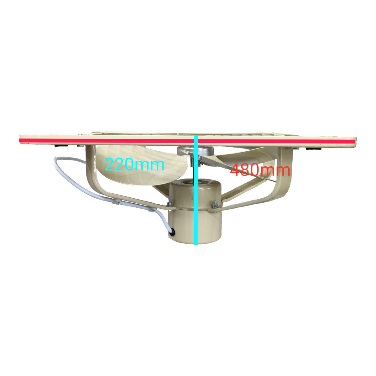 A side-view technical diagram of a metal mounting bracket or support frame with overlaid dimension labels '220mm' in cyan and '480mm' in red on a plain white background.