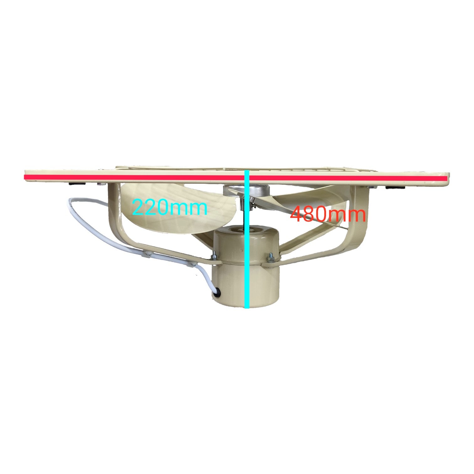 A side-view technical diagram of a metal mounting bracket or support frame with overlaid dimension labels '220mm' in cyan and '480mm' in red on a plain white background.