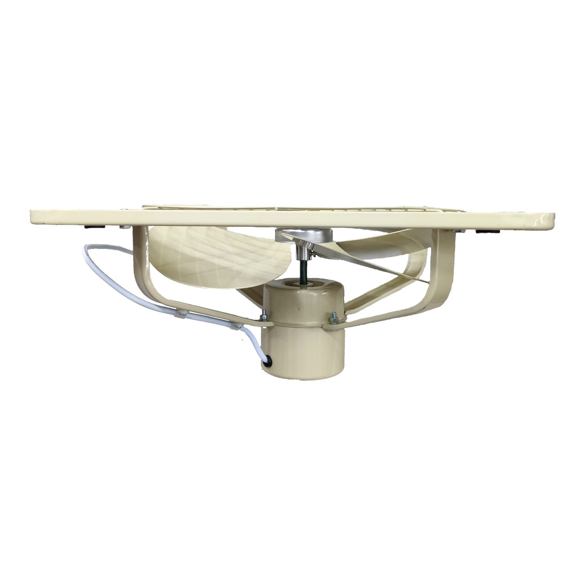 A vintage beige pedestal fan with a wooden top plate, metal blades, and a cylindrical motor housing, isolated on a white background.
