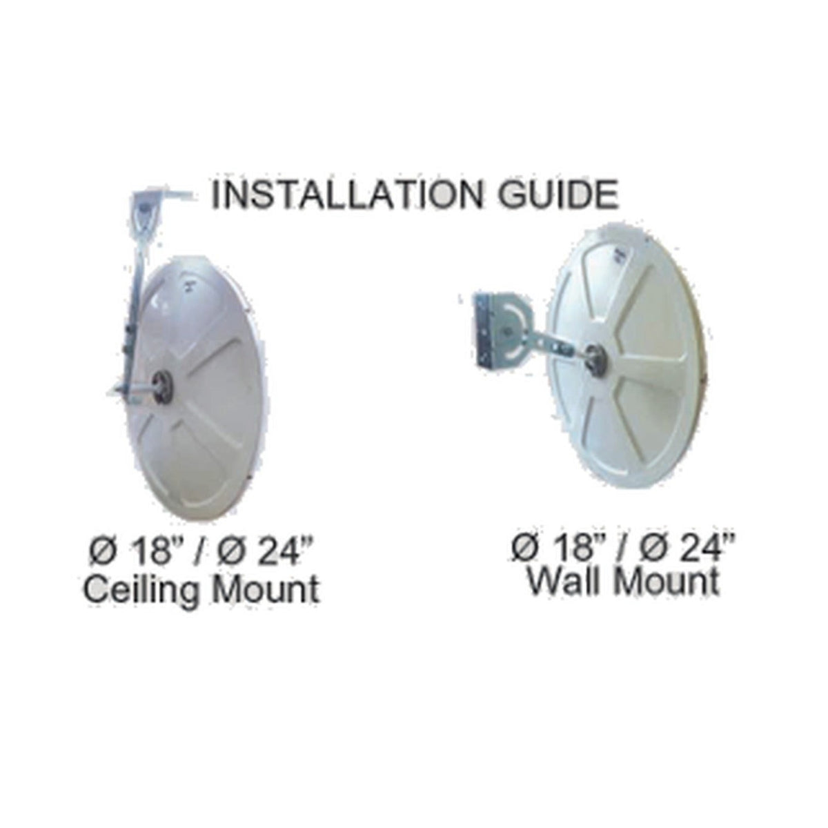 Installation guide showing two views of a white circular ceiling and wall mount dish, labeled Ø 18" / Ø 24" Ceiling Mount and Ø 18" / Ø 24" Wall Mount, on a white background.