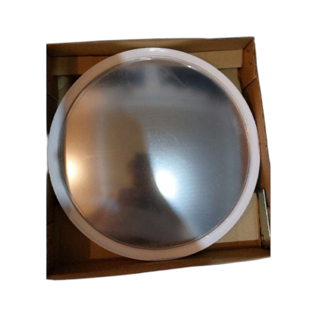 A round metallic silver dome mirror with a white rim, shown inside its brown cardboard packaging box against a white background.