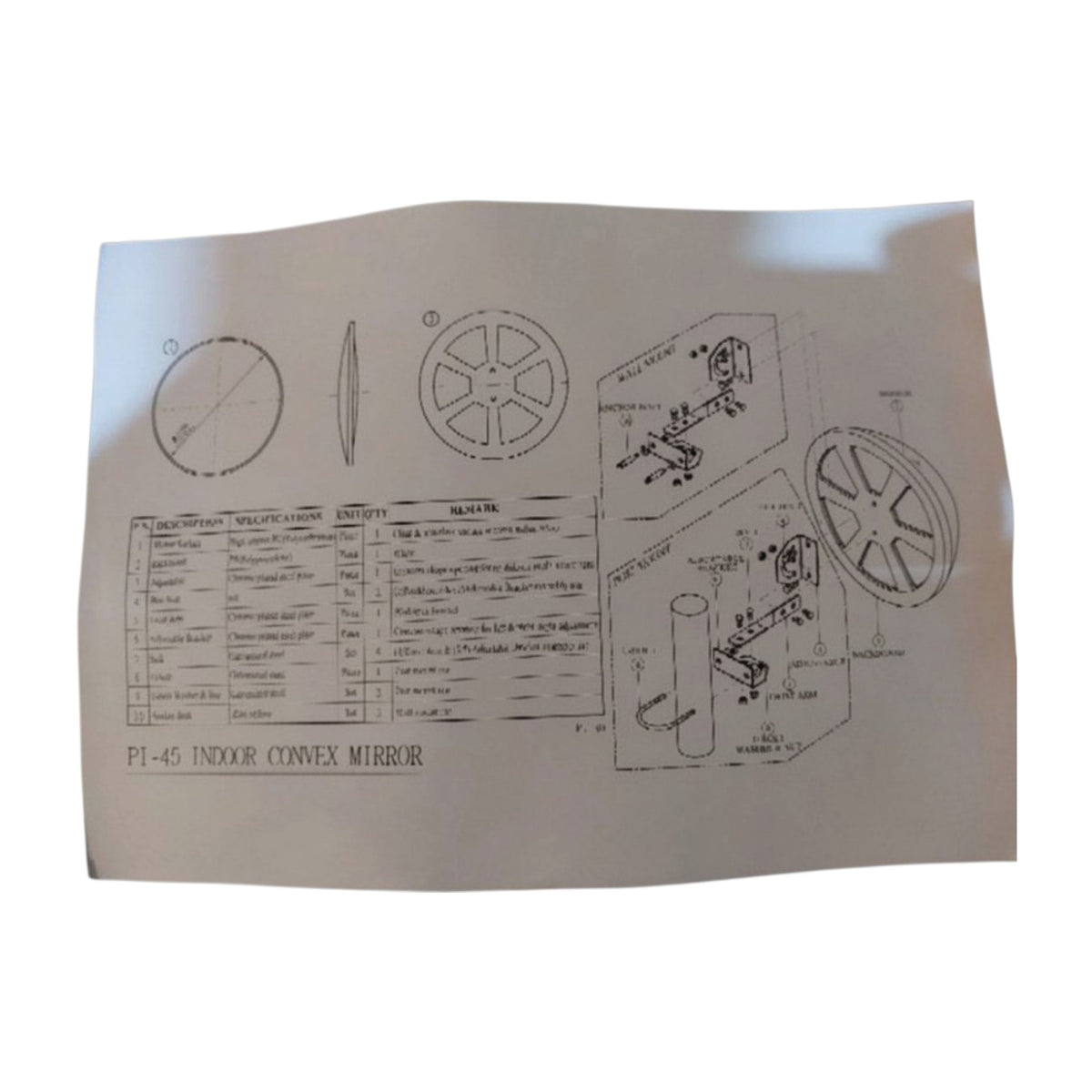 A printed technical specification sheet and assembly diagram for a P1-45 indoor convex mirror, displayed on a white background.