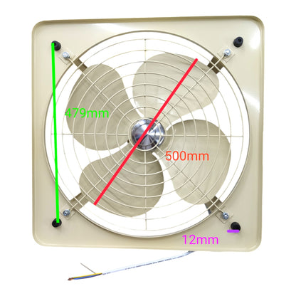 A square wall-mounted exhaust fan with a beige plastic housing and metal grille, shown on a white background with overlaid dimension labels: 479mm height, 500mm diameter, and 12mm wire depth. No person, animal, or real environment is present, so this is Product/Packaging rather than Lifestyle.