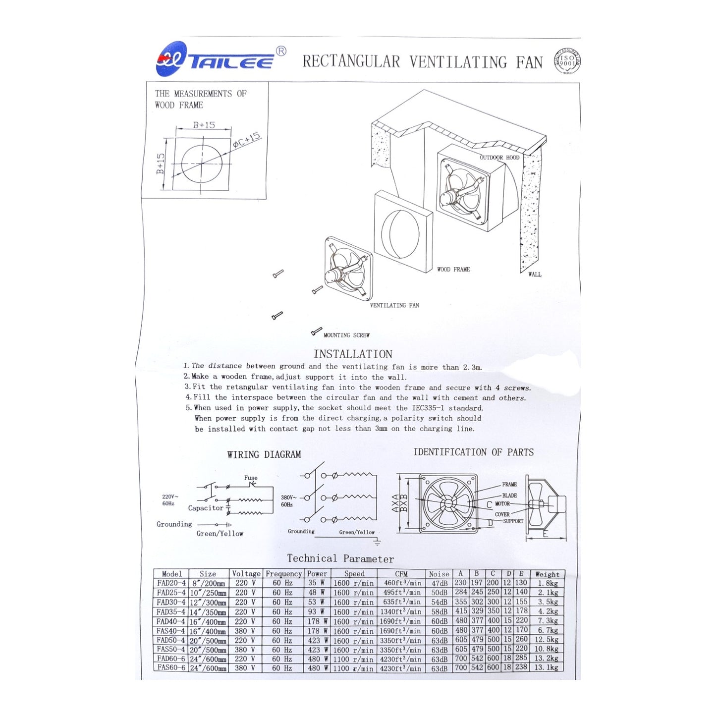 A technical specification sheet for a rectangular ventilating fan by Tailee, featuring dimension diagrams, installation instructions, wiring diagrams, part identification, and a technical parameter table on a white background.