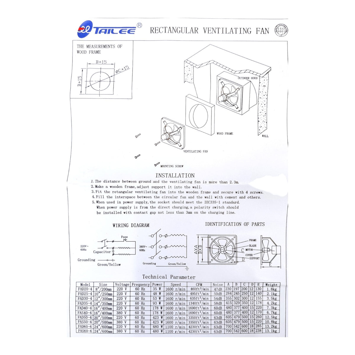 A technical specification sheet for a rectangular ventilating fan by Tailee, featuring dimension diagrams, installation instructions, wiring diagrams, part identification, and a technical parameter table on a white background.