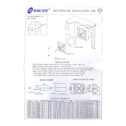 A technical specification sheet for a rectangular ventilating fan by Tailee, featuring dimension diagrams, installation instructions, wiring diagrams, part identification, and a technical parameter table on a white background.