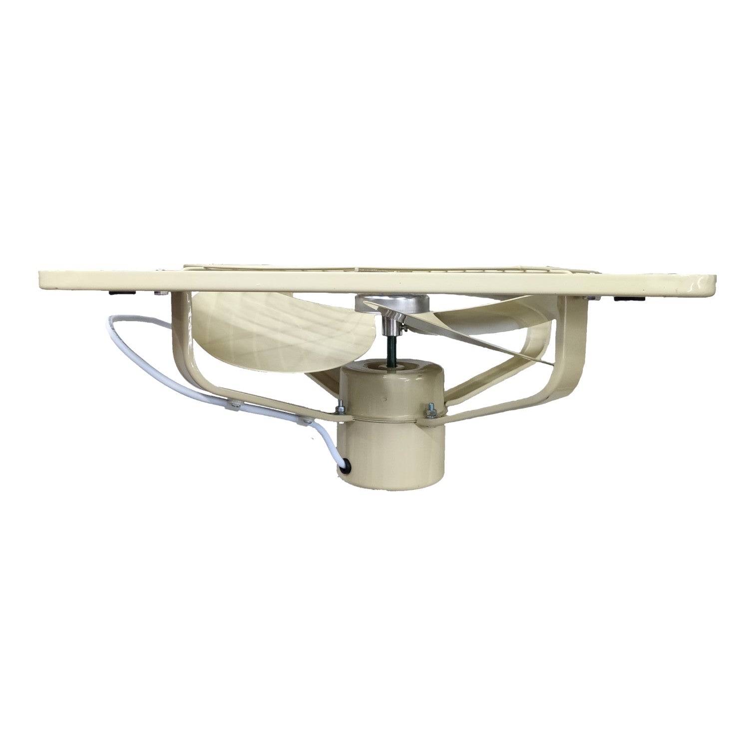 A vintage beige pedestal fan with a wooden top plate, metal blades, and a cylindrical motor housing, isolated on a white background.