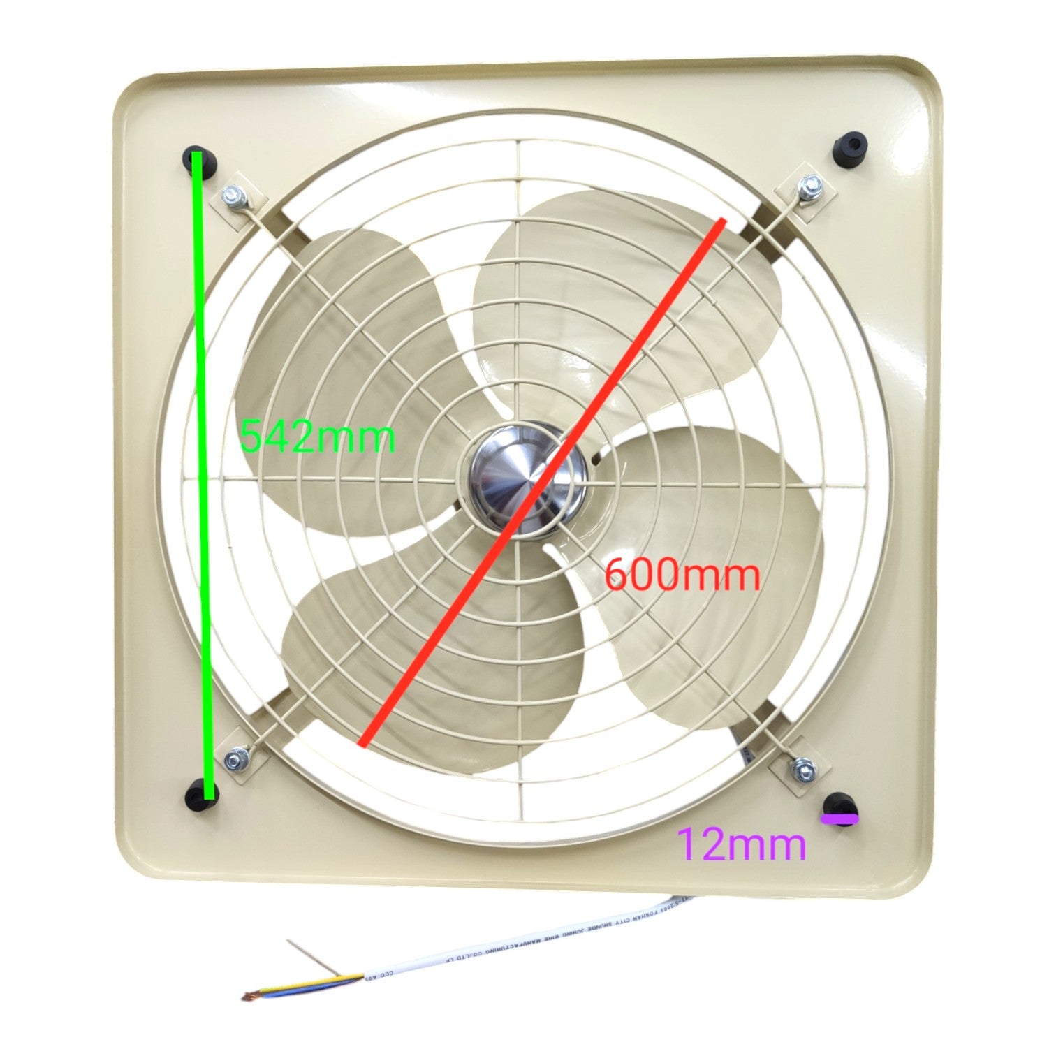 A square wall-mounted exhaust fan with a beige frame and white fan blades, shown on a white background with overlaid dimension labels: 542mm height, 600mm diagonal, and 12mm width.