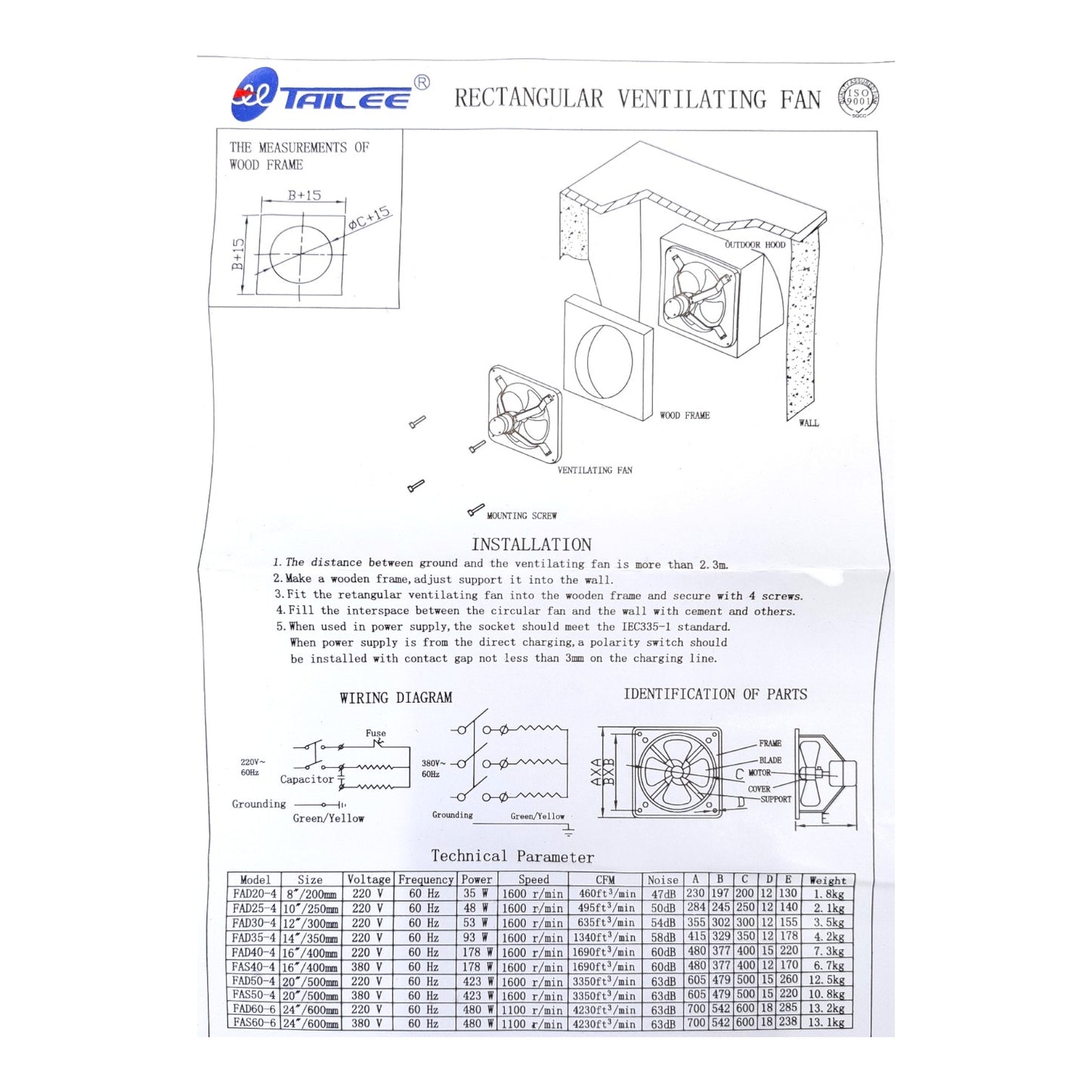 A technical specification sheet and installation manual page for a rectangular ventilating fan by Tailee, featuring diagrams, measurements, wiring instructions, and a technical parameter table.