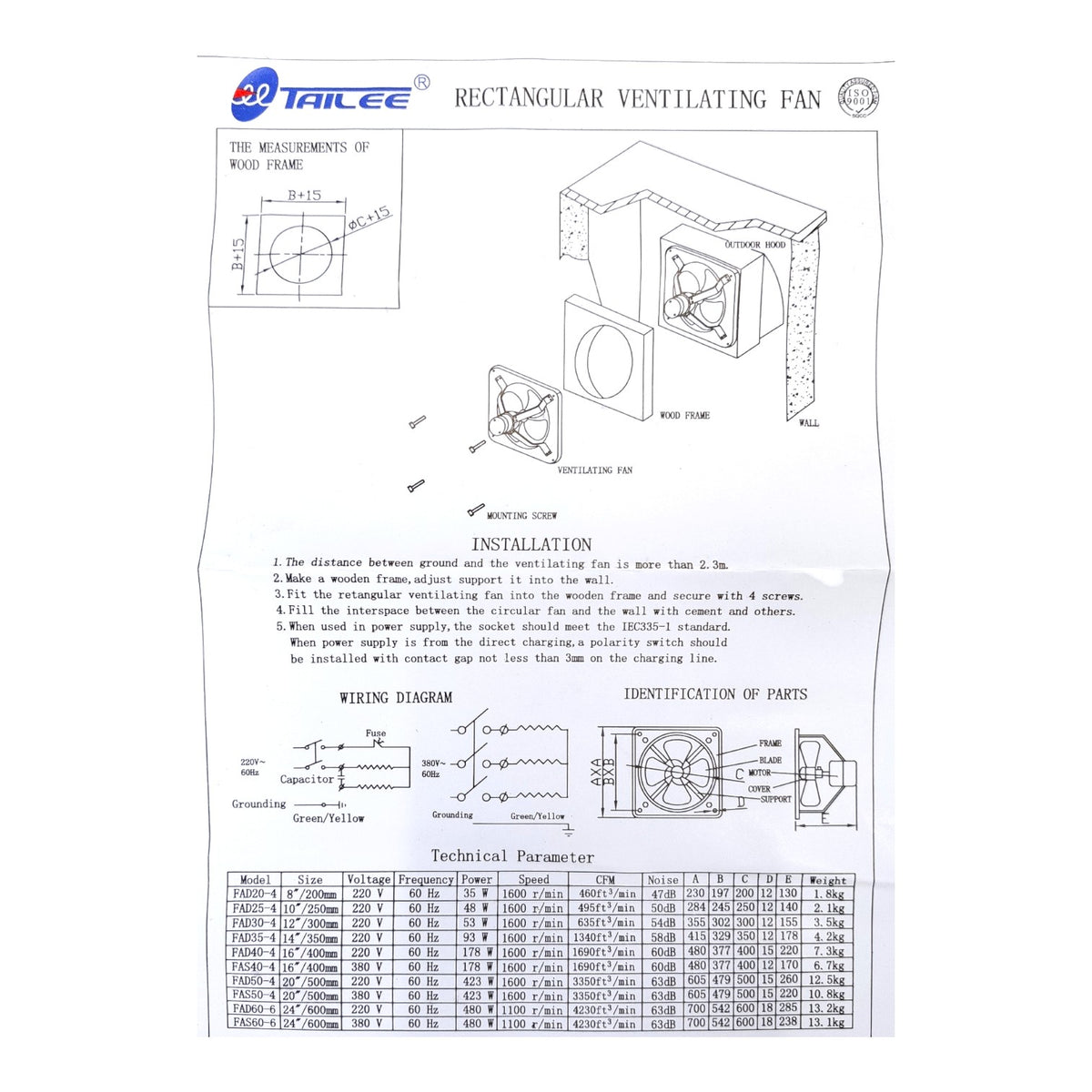 A technical specification sheet and installation manual page for a rectangular ventilating fan by Tailee, featuring diagrams, measurements, wiring instructions, and a technical parameter table.