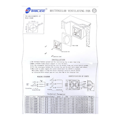 A technical specification sheet and installation manual page for a rectangular ventilating fan by Tailee, featuring diagrams, measurements, wiring instructions, and a technical parameter table.