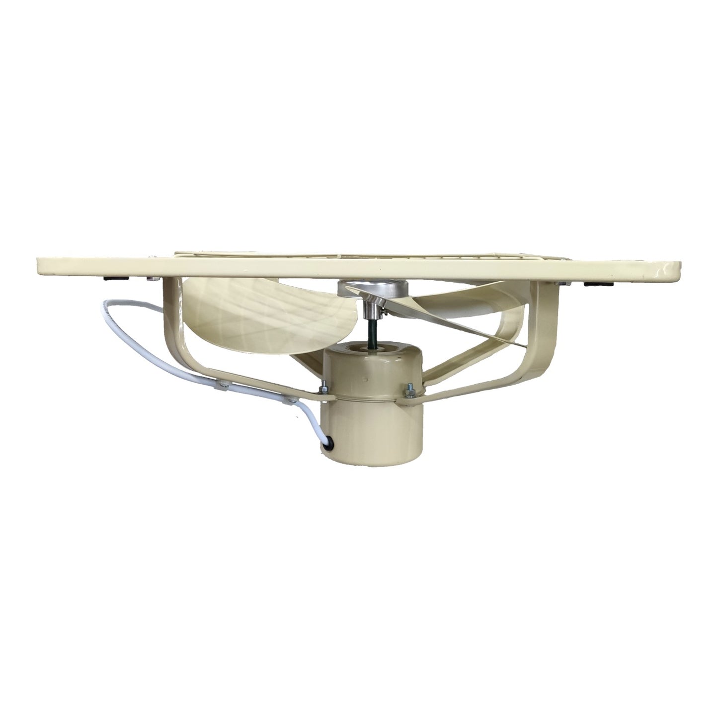 A vintage beige pedestal fan with a wooden top plate, metal blades, and a cylindrical motor housing, isolated on a white background.