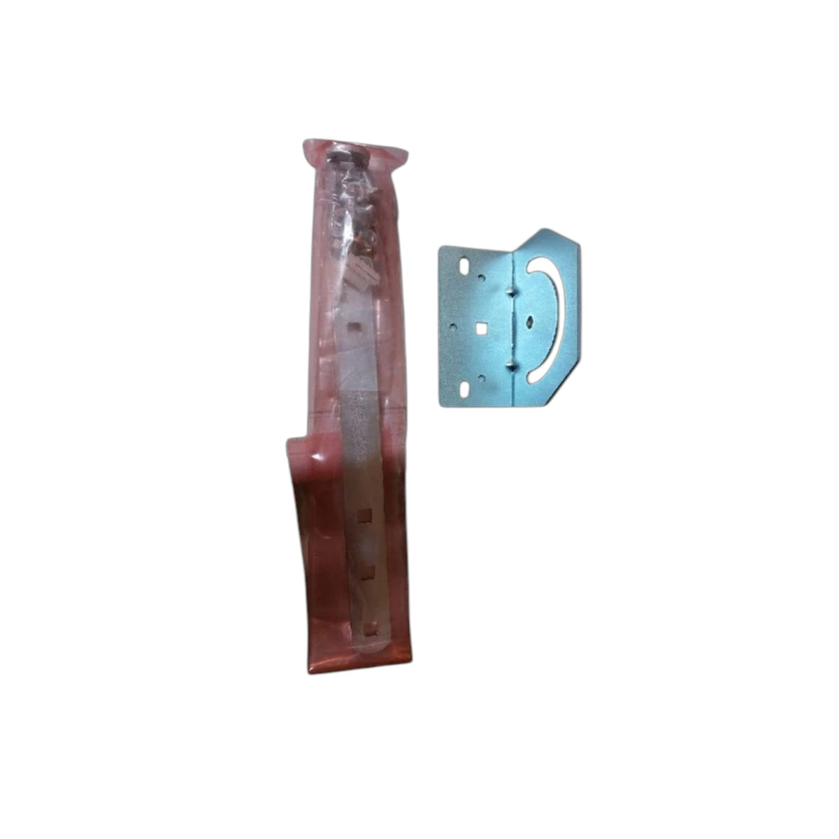 A replacement door hinge kit showing a long reddish-brown metal hinge plate on the left and a blue metal mounting bracket on the right, both isolated on a white background.