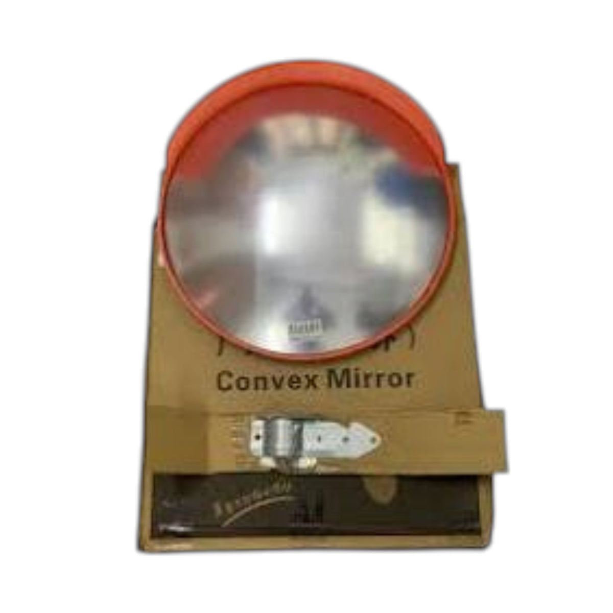 A large convex safety mirror with a bright orange-red rim, mounted on a cardboard display block with the text 'Convex Mirror' printed on it.