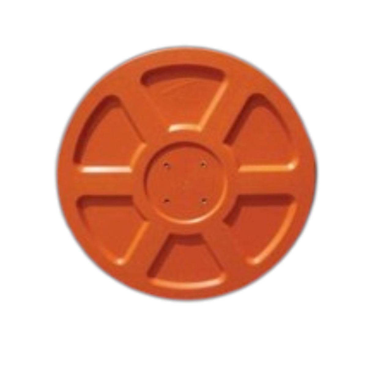 An orange circular plastic wheel or spool-like component with radial molded sections, shown on a plain white background.