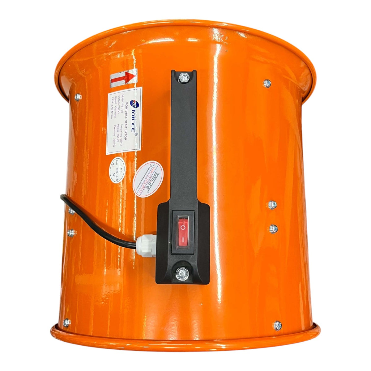 An orange cylindrical industrial fan with a black power switch and control panel on the side, featuring a white brand label that reads 'MURPHY'.