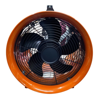A large industrial ceiling or wall fan with a bright orange housing and black protective grille, shown against a plain white background.