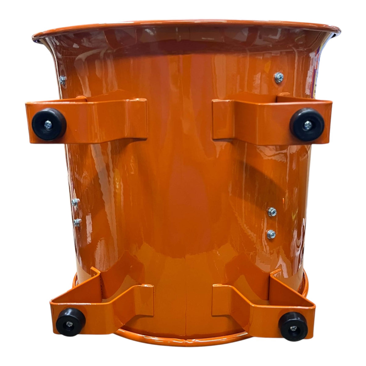 An orange metal cylindrical container or bucket with four mounting brackets and black knobs, shown against a plain white background.