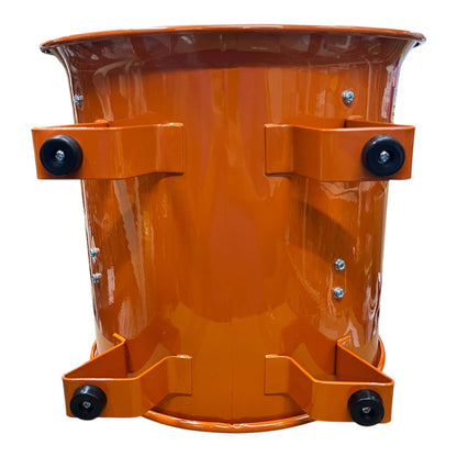 An orange metal cylindrical container or bucket with four mounting brackets and black knobs, shown against a plain white background.