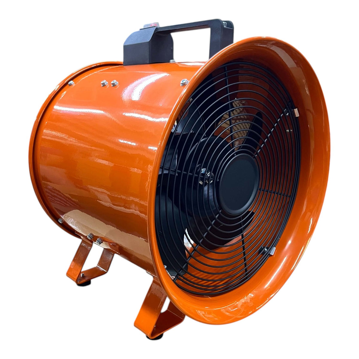 An orange industrial centrifugal fan with a black protective grille, internal fan blades, a top carrying handle, and mounting brackets, shown on a plain white background.