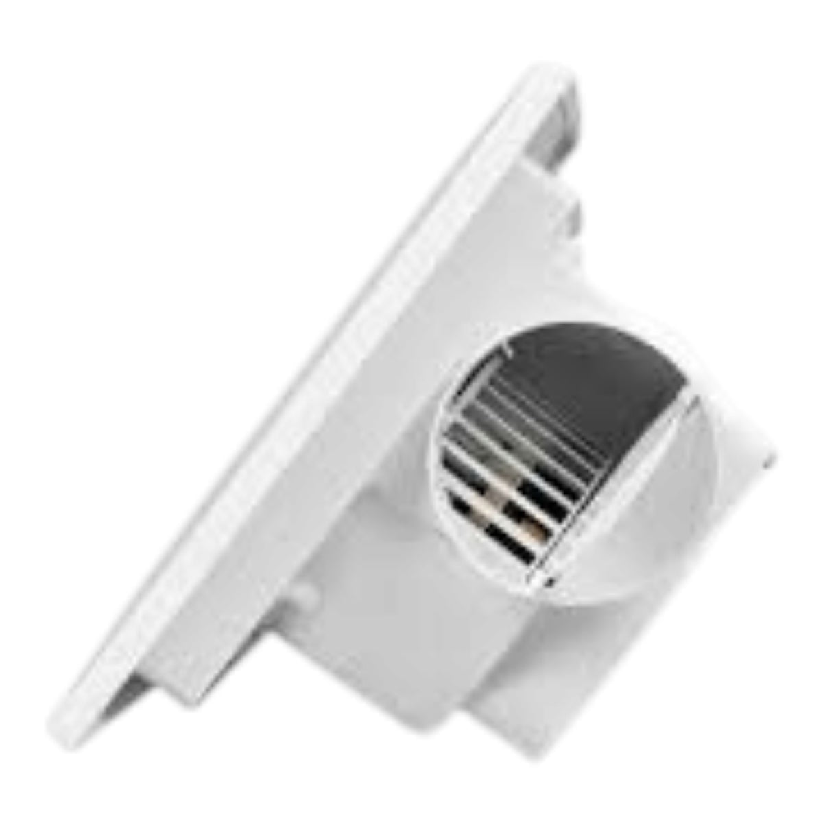 A white plastic wall-mounted vent or exhaust grille with a circular opening and slatted front, shown on a plain white background.