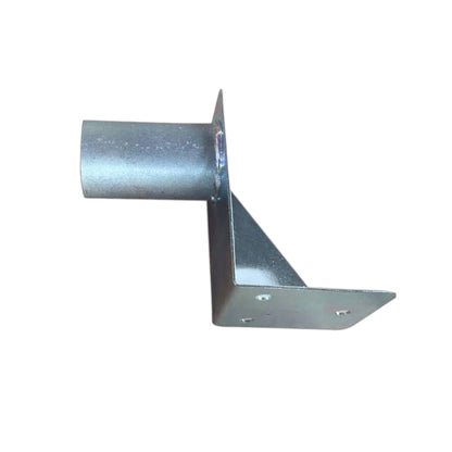 Galvanized steel L-bracket with a cylindrical sleeve extension, shown on a plain white background.