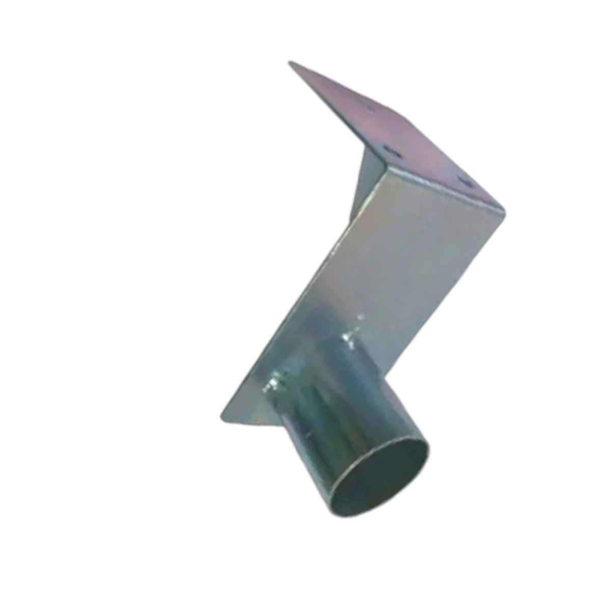 A galvanized steel L-bracket elbow pipe fitting with a 2-inch diameter pipe connection, isolated on a white background.