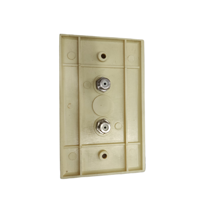 2 gang F jack outlet old design electrical part with dual coaxial connectors on a beige plastic base from Taiwan
