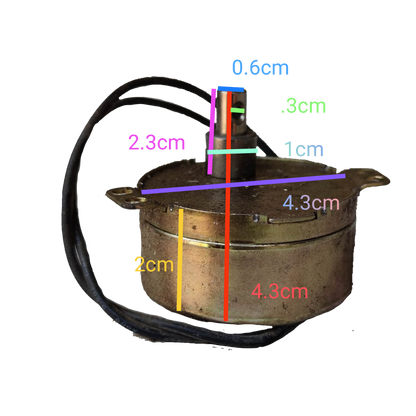 Taiwan made Synchronous Motor 220V with wiring and detailed size measurements on black background