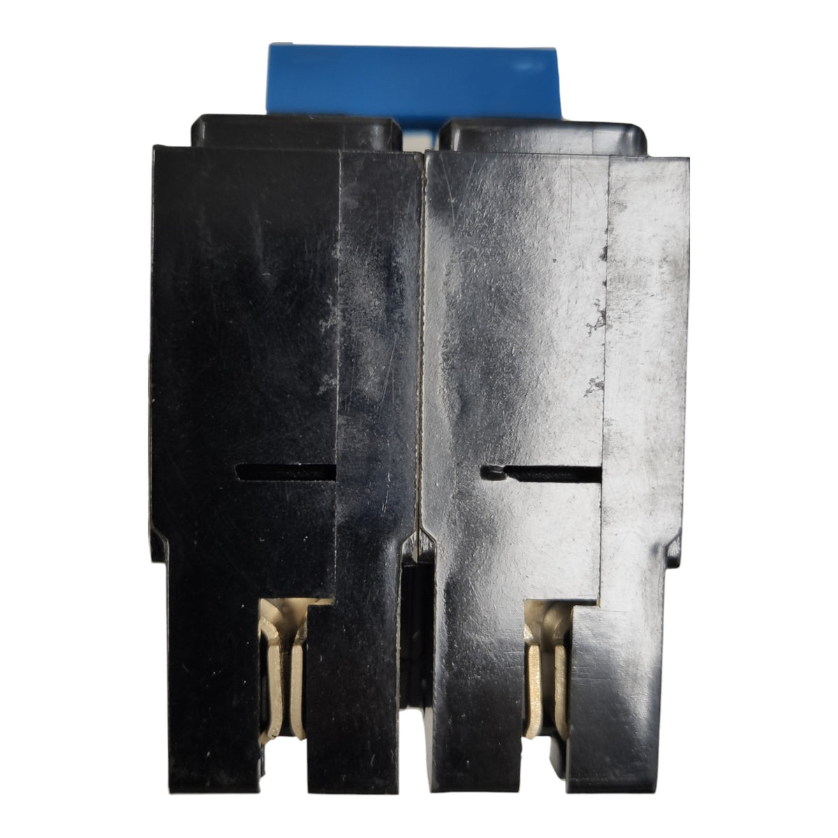 A close-up of a black electrical switch component with a blue top cover and gold metal contacts, shown against a plain white background.