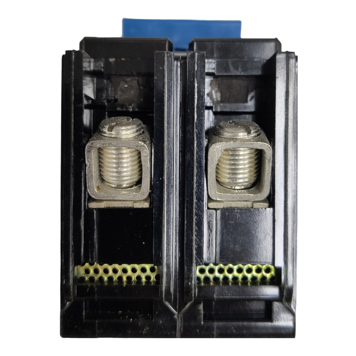 A pair of black plastic electrical terminal blocks with silver metal screw terminals and a blue connector tape at the top, shown on a white background.