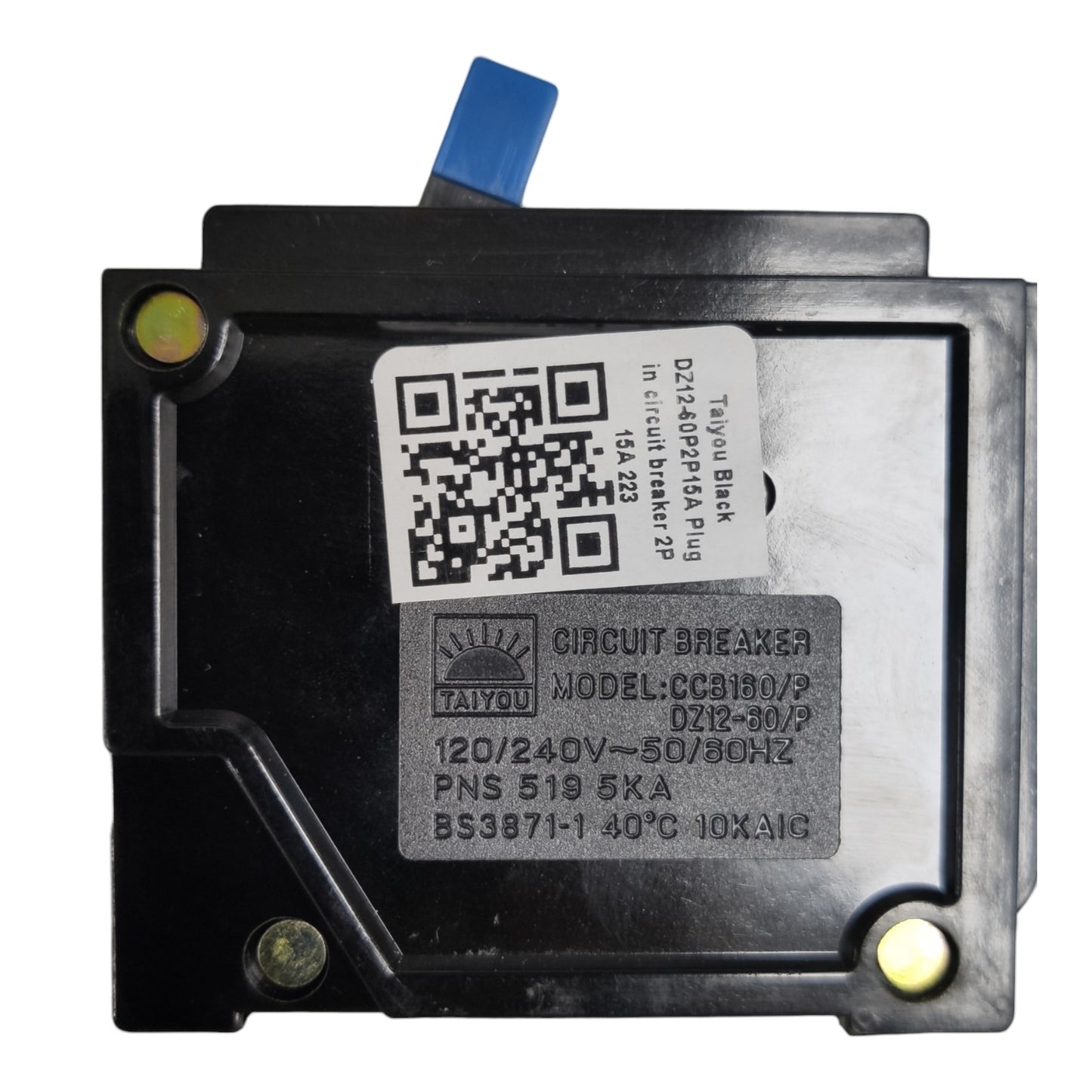 A Taiyou brand black plastic circuit breaker plug with a blue connector tab and brass screw terminals, featuring a white product label with a QR code.