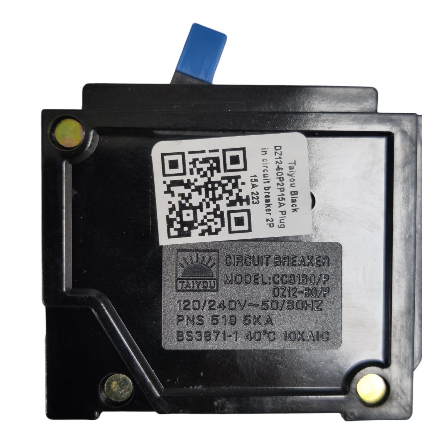 A Taiyou brand black plastic circuit breaker plug with a blue connector tab and brass screw terminals, featuring a white product label with a QR code.