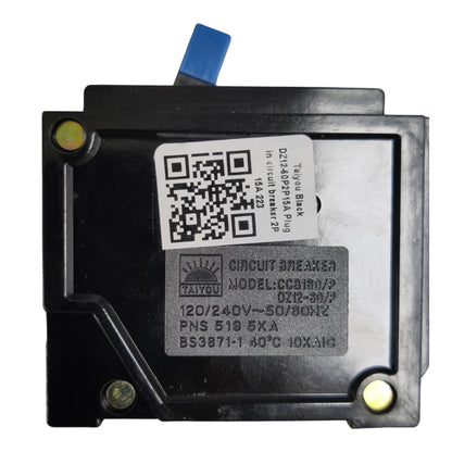 A Taiyou brand black plastic circuit breaker plug with a blue connector tab and brass screw terminals, featuring a white product label with a QR code.