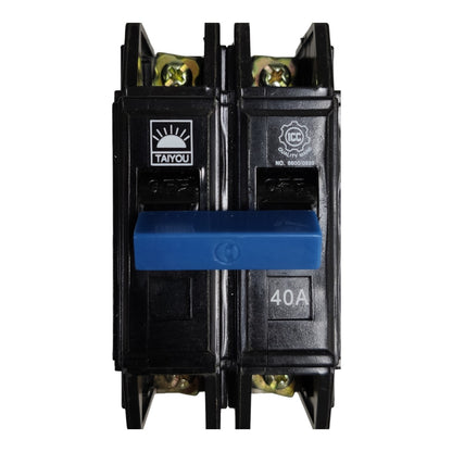 A double-pole circuit breaker with a black plastic housing, a blue central handle, and brass terminal screws at the top and bottom, shown on a plain white background.