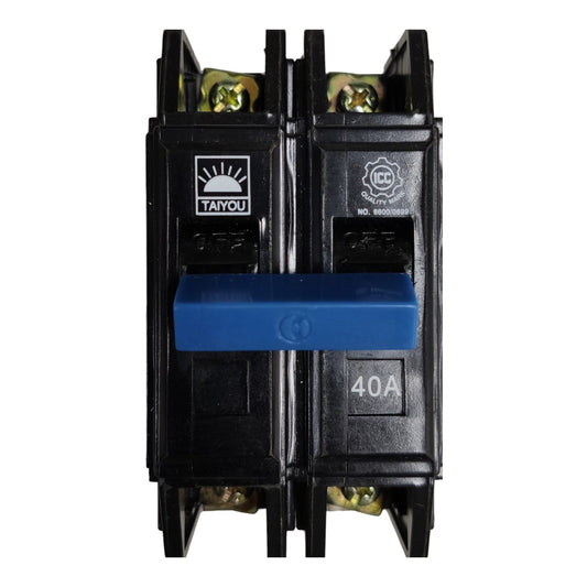 A double-pole circuit breaker with a black plastic housing, a blue central handle, and brass terminal screws at the top and bottom, shown on a plain white background.