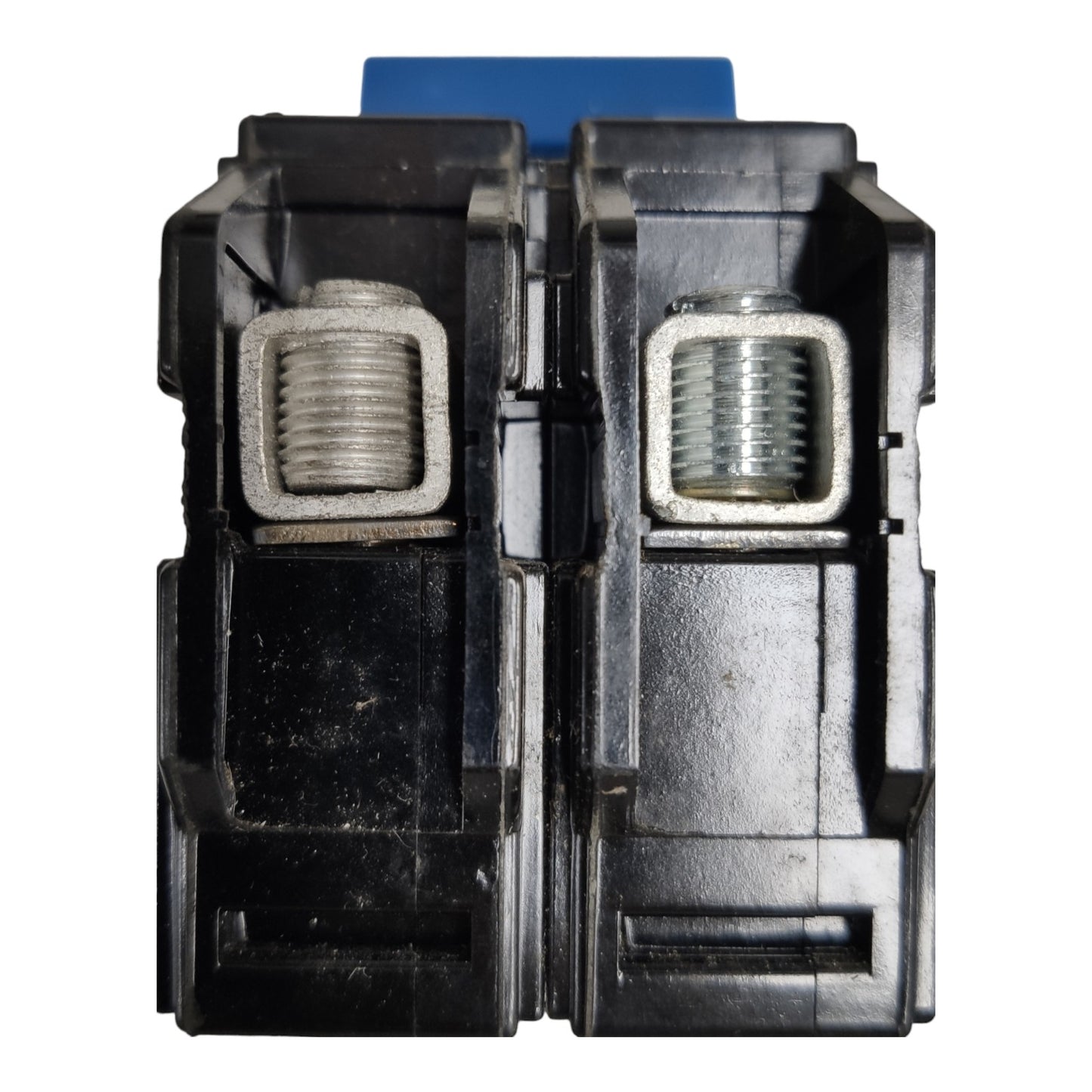 A pair of black plastic electrical terminal blocks with threaded metal connectors, shown against a plain white background.