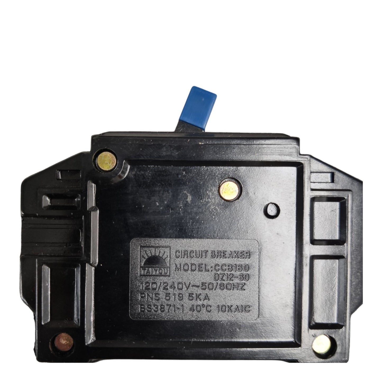 A black plastic circuit breaker shown from the back, featuring a blue terminal cover and a printed specification label with the brand TANYU.