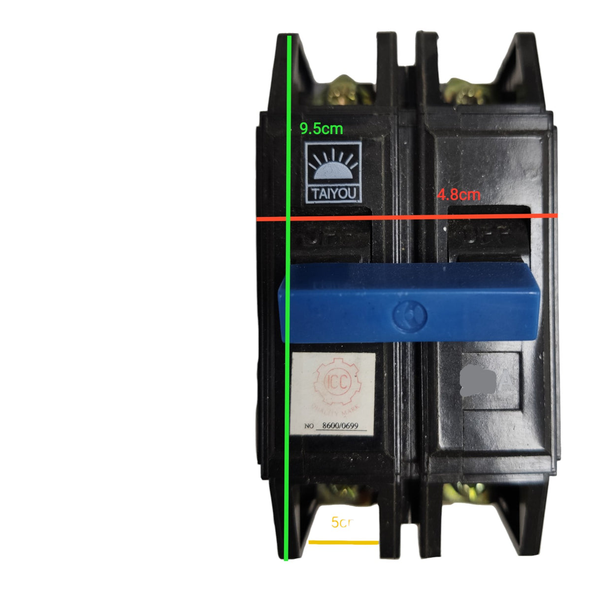 A black electrical circuit breaker with a blue handle, shown on a white background with green, red, and yellow measurement lines and text indicating dimensions.