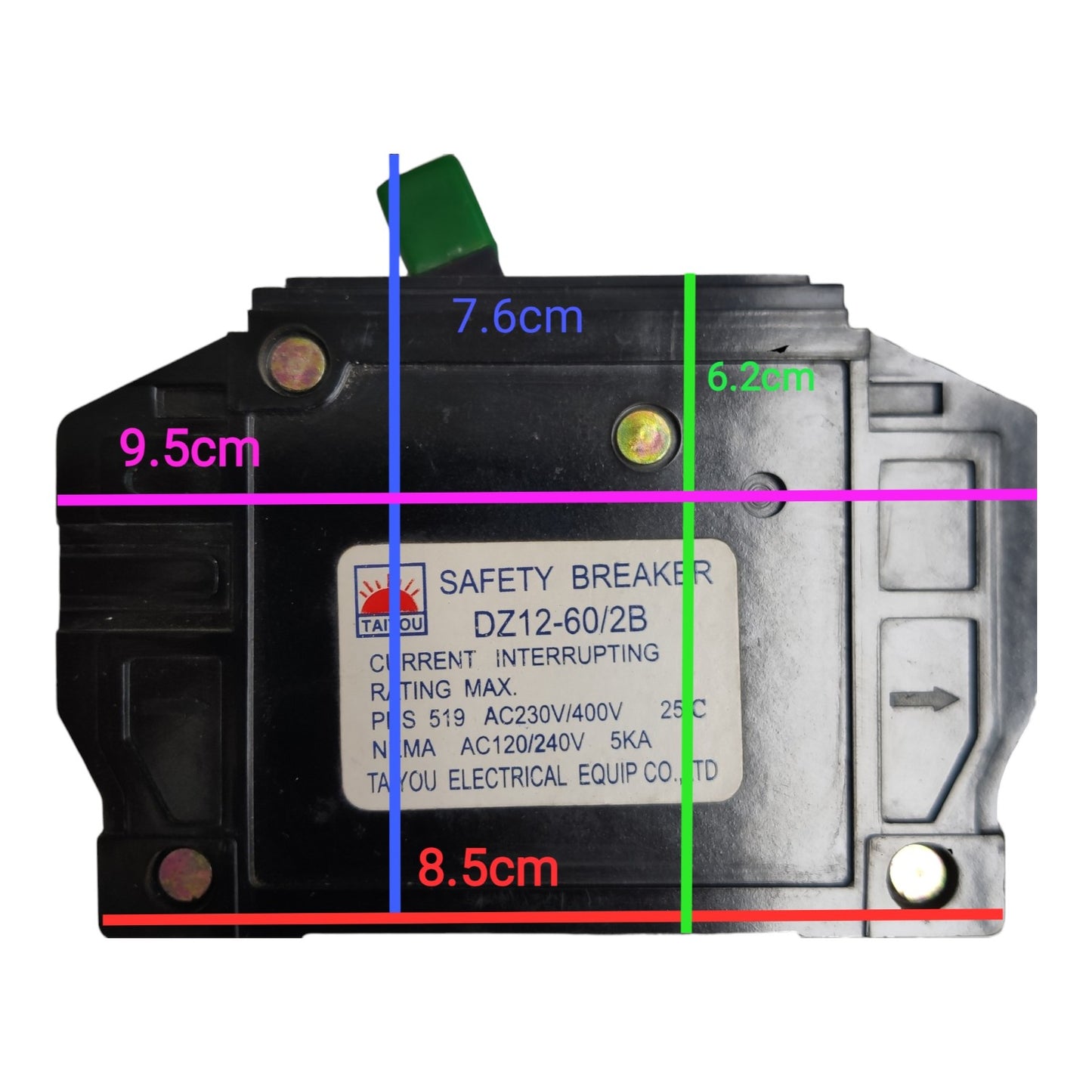A safety breaker electrical component shown from the front with overlaid dimension lines and labels indicating width, height, and depth in centimeters on a plain white background.