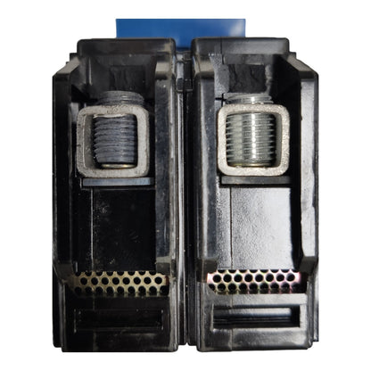 A close-up of a black plastic dual-port electrical connector or terminal block with exposed metal screw terminals on a white background.