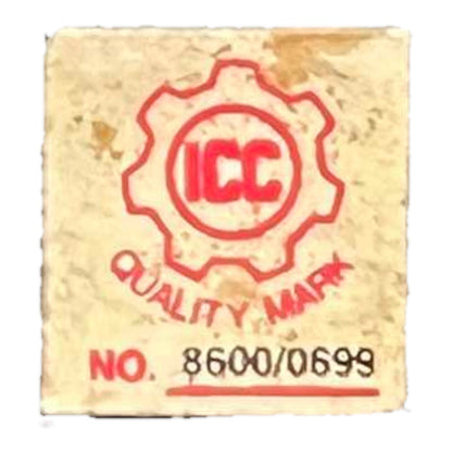A square beige stone tile featuring a red ICC Quality Mark logo and black serial number text, isolated on a white background.