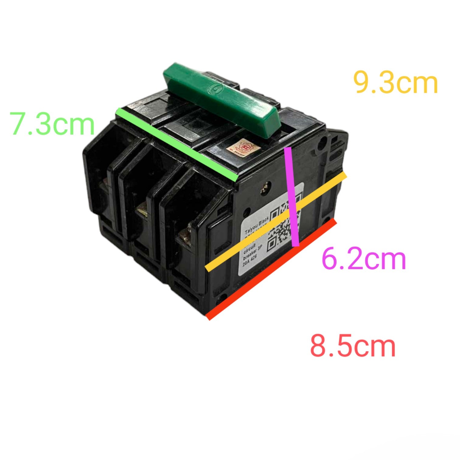 A black electrical circuit breaker with a green handle, shown with overlaid dimension labels in centimeters (7.3cm, 9.