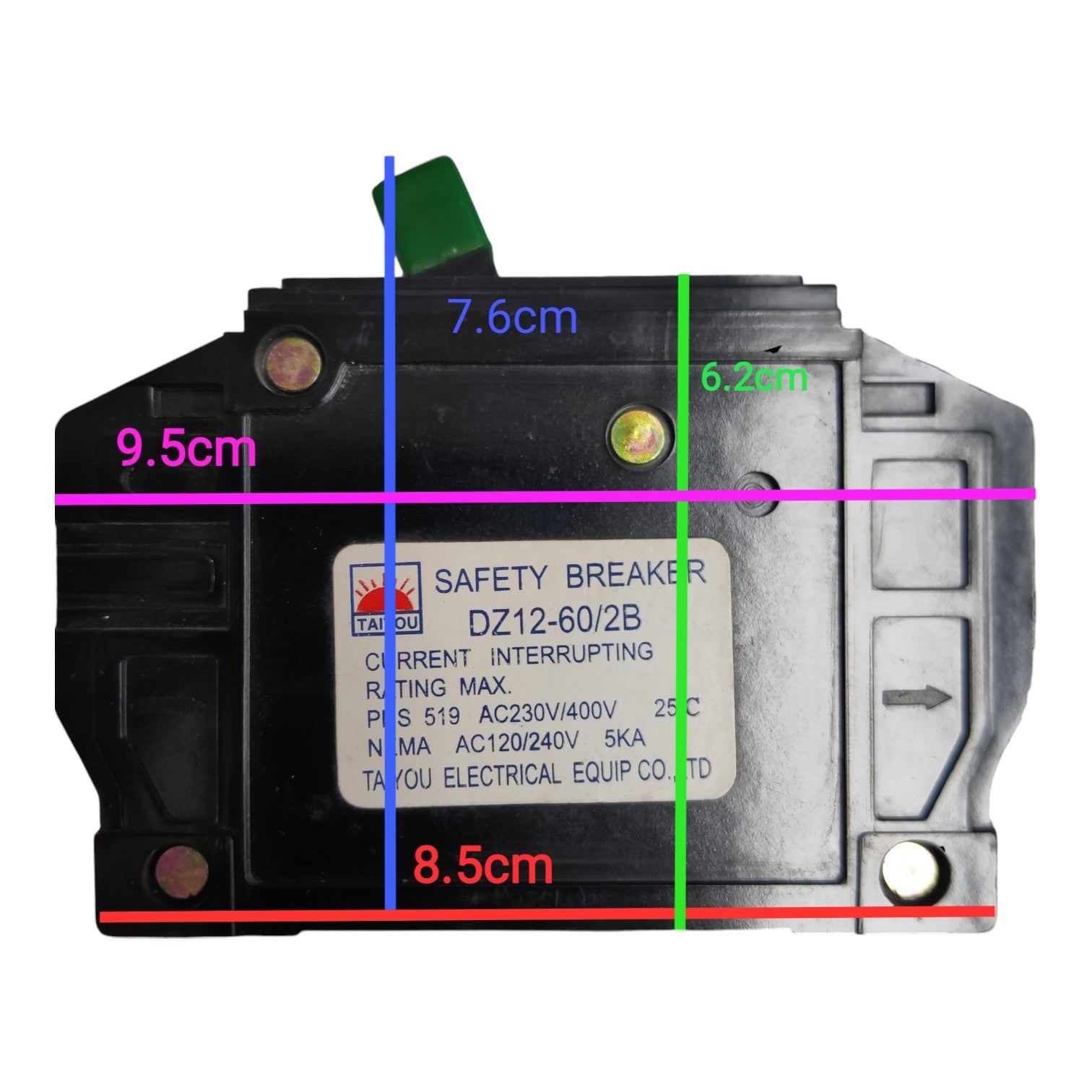 A safety breaker electrical component shown from the front with overlaid dimension lines and labels indicating width, height, and depth in centimeters on a plain white background.