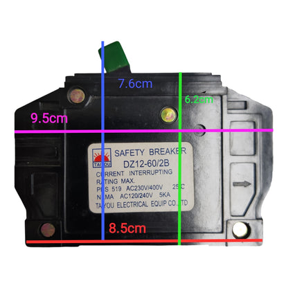 A safety breaker electrical component shown from the front with overlaid dimension lines and labels indicating width, height, and depth in centimeters on a plain white background.