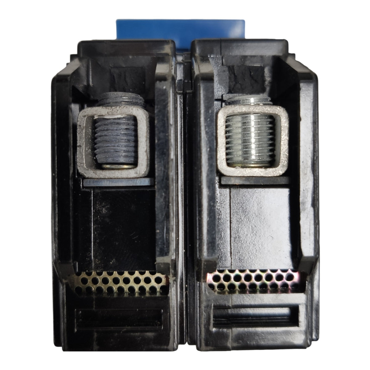 A pair of black plastic dual-port connector housings with threaded metal ports, shown against a plain white background.