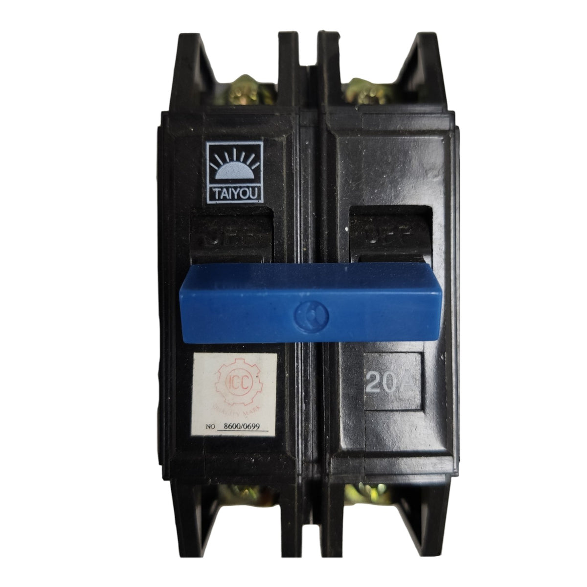 A Taiyou brand double-pole circuit breaker with a black plastic housing and a prominent blue handle, shown against a plain white background.